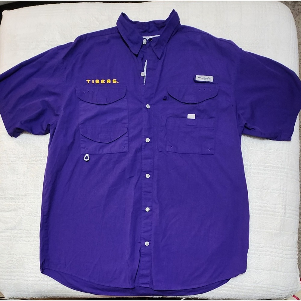 Columbia LSU Tigers Button Up Shirt Mens Large Purple Back/Front Logo Nice!